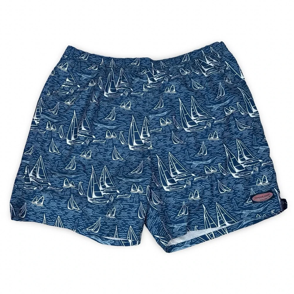 Vineyard Vines Mens 2XL Swim Trunks Navy Blue Sailboat Lighthouse Nautical Print